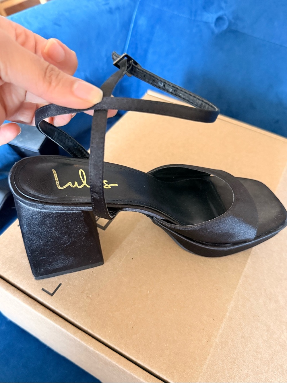 Lulu's Black Satin Block Heel Ankle-Strap Sandals